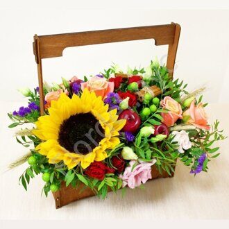 Wooden box with sunflowers