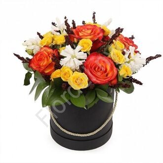 Box with roses and hyacinths