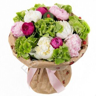 Basket of peonies and hydrangea