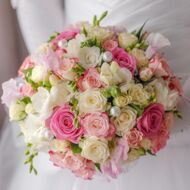 Bridal bouquet with shrub roses and freesias