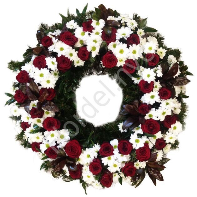 Funeral wreath with red roses + standing